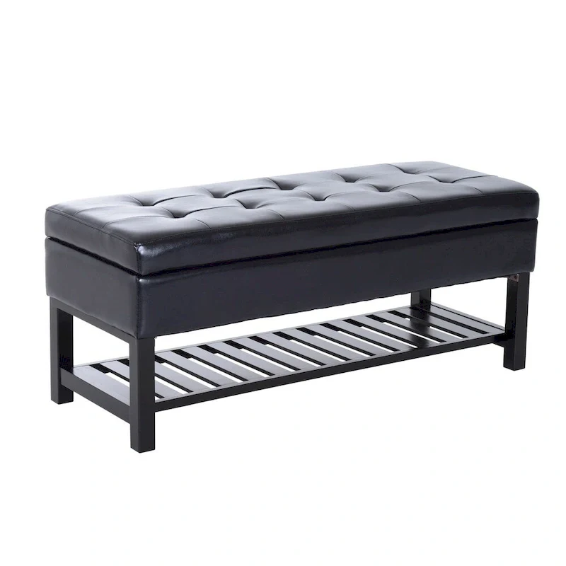 44-Inch Black PU Leather Tufted Ottoman Storage Bench with Shoe Rack, Entryway Living Room Seat