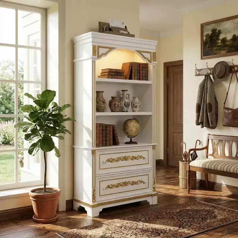 Famapy White Decorative Storage Cabinet with LED Spotlight  Ornate Gold Carvings for Living Room & Entryway