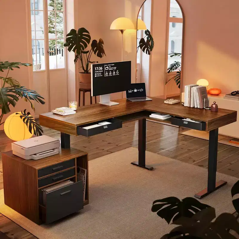 63 X 53 In Electric L Shaped Standing Desk with 2 Storage Drawers File Cabinet, Height Adjustable Corner Standing Desk, Computer Desk, Walnut