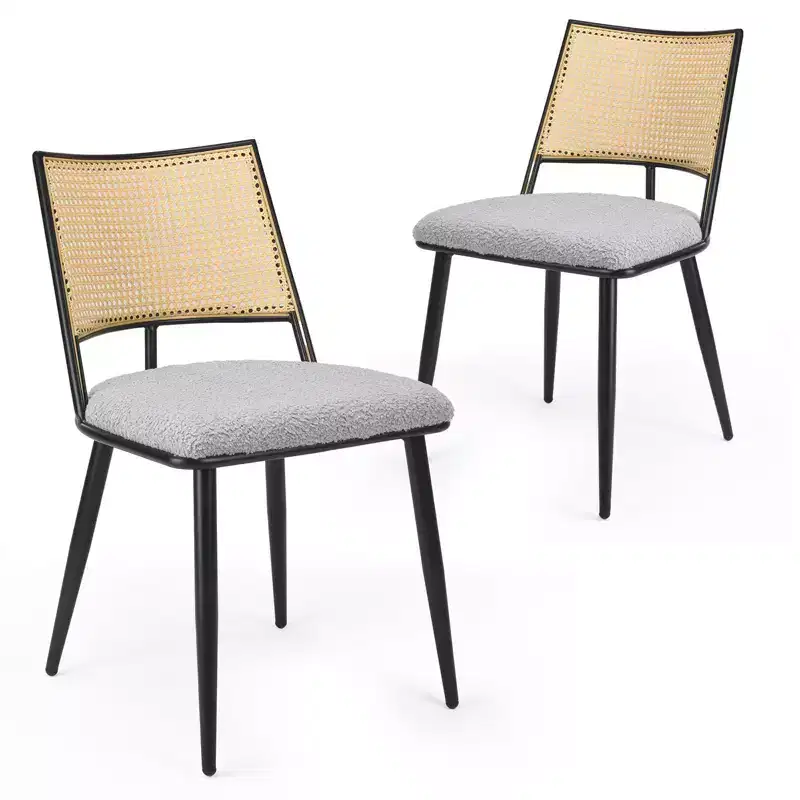 Mid-Century Dining Chairs, Rattan Dining Chairs with Metal Frame, Boucle Dining Room Chairs for Dining Room, Kitchen