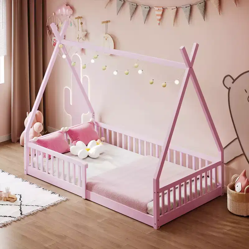 Floor Bed for Kids, Twin Size Tent Beds, Montessori Floor Bed with Slats and Fence Rails, Wood House Bed Frame for Boys Girls
