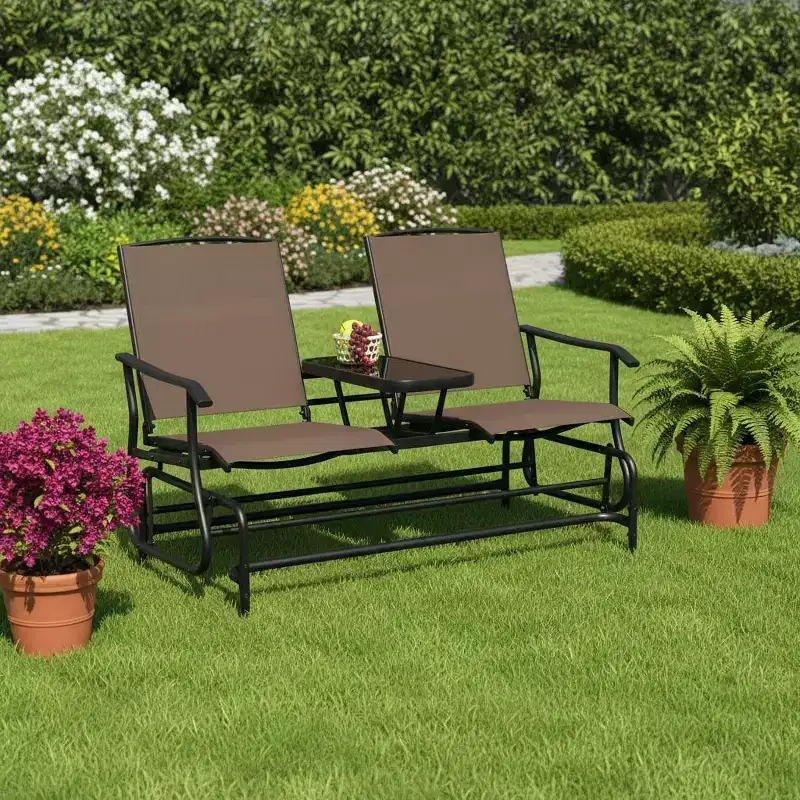 Gymax 2-Person Outdoor Glider Bench with Center Glass Table Patio Swing Lounge Chair Garden Loveseat Rocker Brown