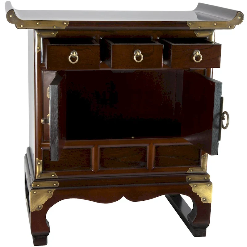 Handmade Korean Antique 3-Drawer End Table | Elmwood | Walnut Finish | Brass Hardware | Lucky Fish Lock