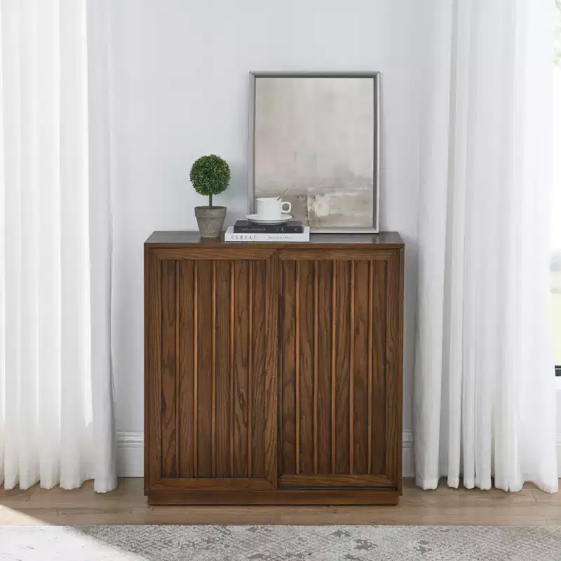 Mid-Century Modern Sideboard with 2 Sliding Doors, Solid Wood Accents, Brown
