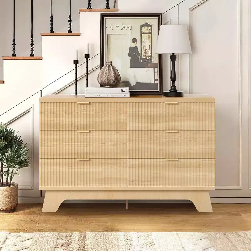 6 Drawer Dresser, 47 Wide Mid Century Modern Dresser with Gold Handle, Fluted Dressers Chest of Drawers, TV Stand,Storage Organizer for Living Room