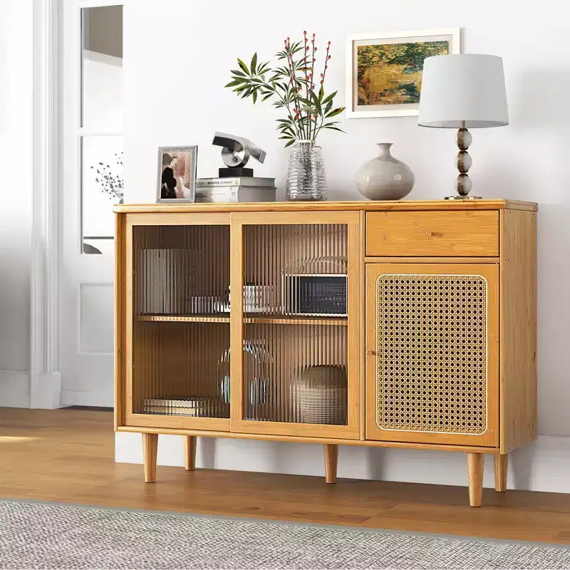Bamboo Rattan Buffet Sideboard Cabinet with Sliding Doors