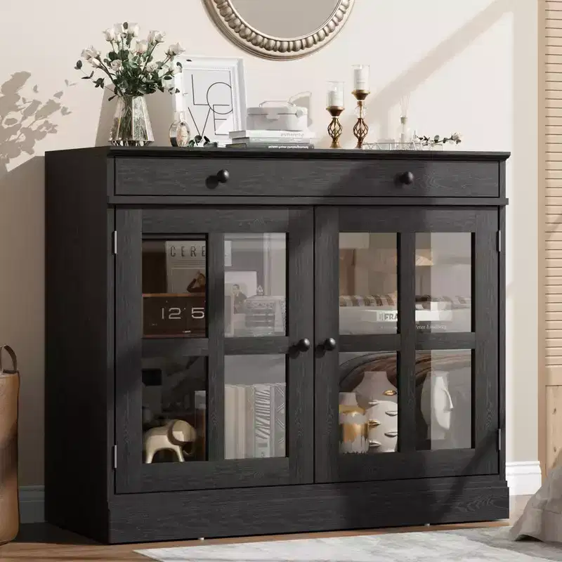 35.4 Sideboard Buffet Cabinet with Glass Door, Storage Cabinet with Drawer, Buffet & Sideboard for Dining Room, Kitchen, Living Room