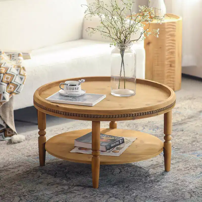 31.3in Round Coffee Table with Beaded Trim, Two Tier Rustic Storage Table for Living Room Balcony, Brown