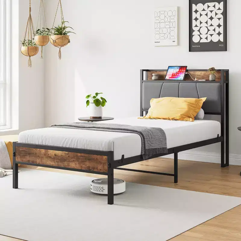 CLIHOME Heavy Duty Metal Upholstered Platform Bed Frame, Storage Headboard with Charging Station, No Box Spring Needed