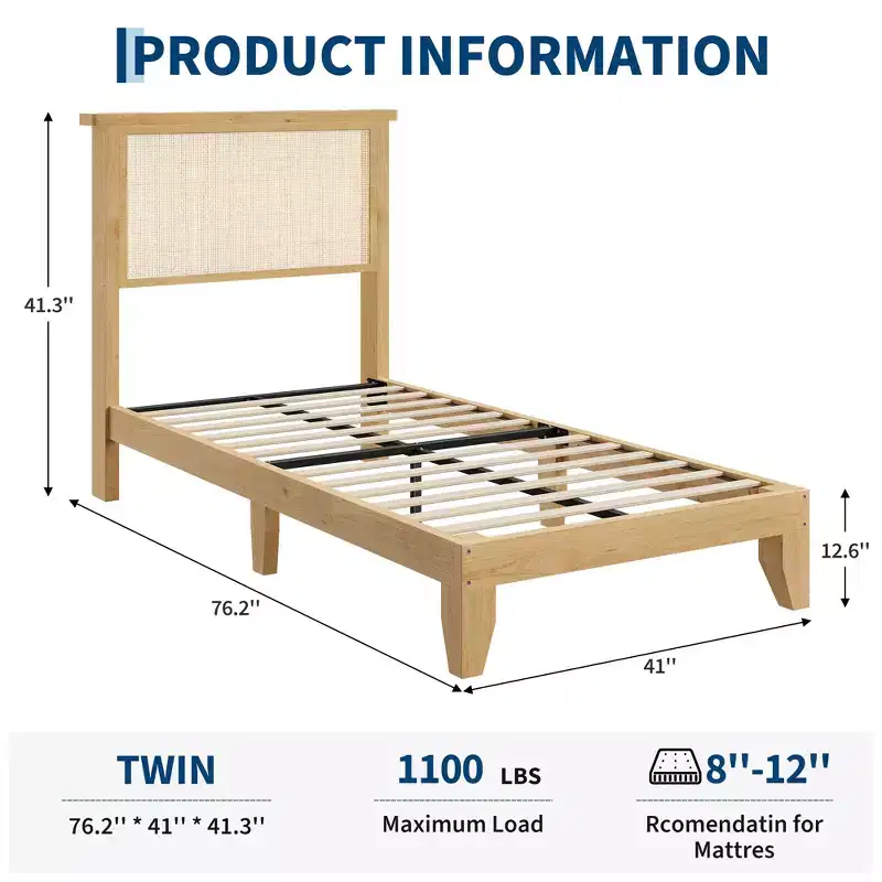 Rattan Bed Frame, Bohemian Rattan Bed Frame Twin with Natural Headboard, LED Lights, No Box Spring Needed