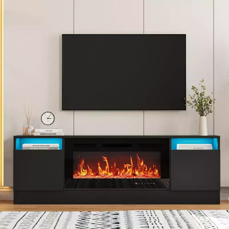 Modern Entertainment Center with Storage Cabinet Up to 75 TV, Black Modern TV Stand for Living Room (Not Included Fireplace)