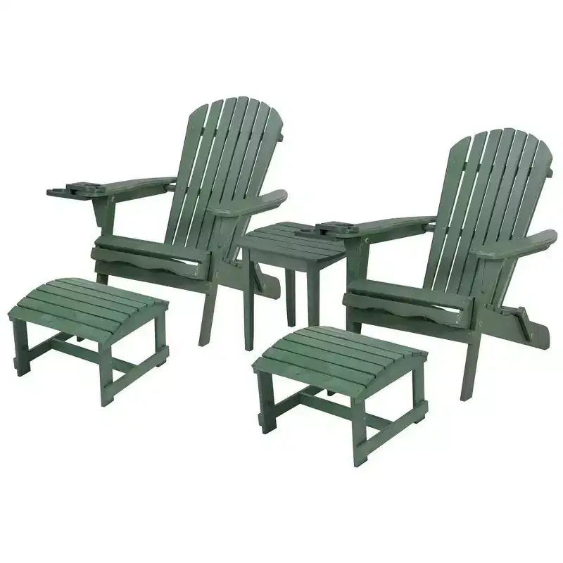 Jiallo Foldable Adirondack Chair with cup holder Conversation Set, 2 Foldable Adirondack Chairs with cup holders with Ottoman and 1 End Table