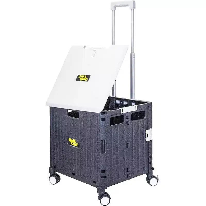 dbest products Quik Cart Swing Lid Four Swivel Wheeled Rolling Crate Utility With Seat Heavy Duty Collapsible Basket with Dual Telescopic Wagon Handle
