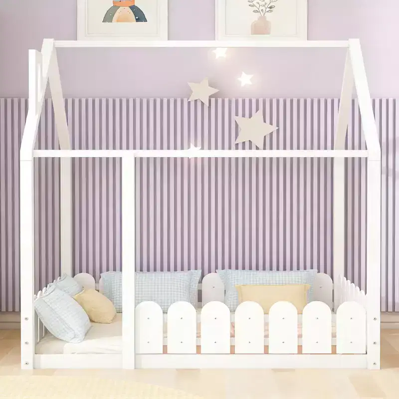 Wooden House Bed Frame with Fence for Kids and Teens, White