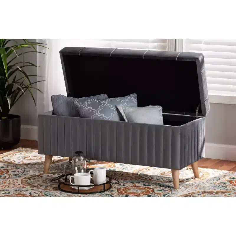 Hanley Velvet Fabric Upholstered and Wood Storage Ottoman - Baxton Studio