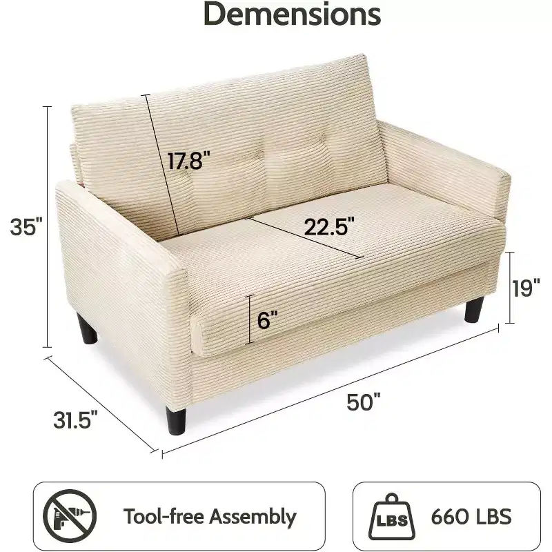 50'' Corduroy Sofa, Comfortable Small Sofa for Living Room with Deep Seat Spring Pads, Solid Wood Frame, Tool-Free Assembly