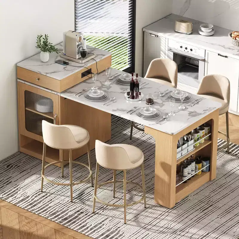 59.5-Inch Kitchen Island with Extendable Dining Table, Double-Sided Storage, Power Outlet and Open Shelves, Natural
