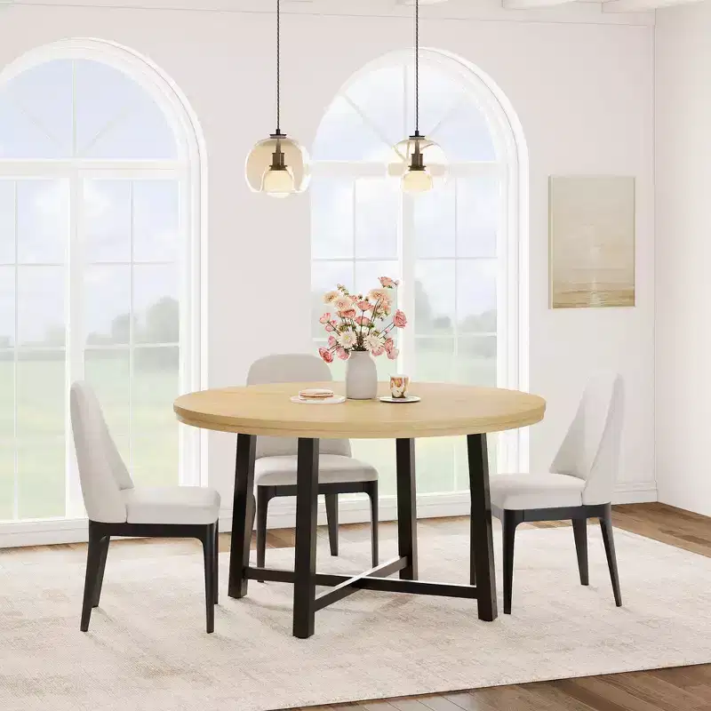 47 Round Dining Table for 4, Kitchen Dining Room Table with Sturdy Metal Frame, Wood Circle Kitchen Table for Space Saving