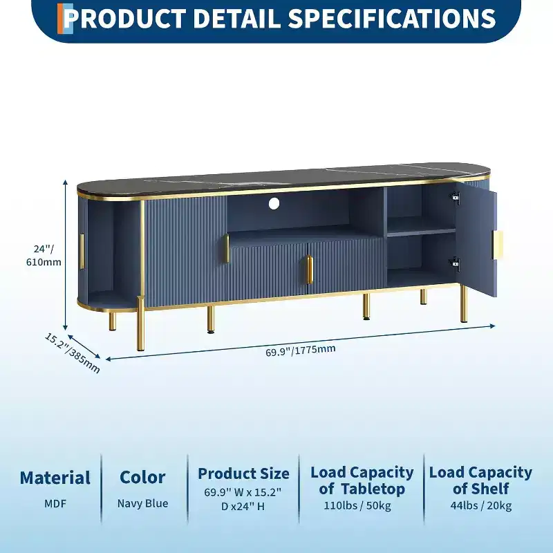 COZONY 70in Fluted TV Stand for TVs up to 80, Faux Marble Top Media Console with Sliding Doors