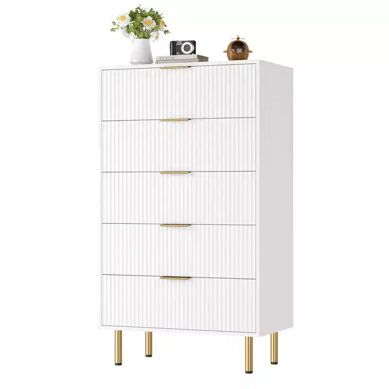 Fluted 5-Drawer Wood Dresser, Tall Chest of Drawers for Bedroom, White