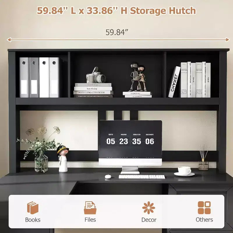 Zevemomo 60 L Shaped Desk with Hutch and Drawers, Corner Computer Desk with Open Storage Shelves,for Home Office or Bedroom, Modern Black