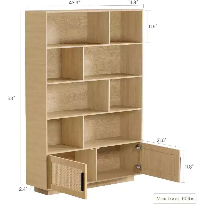 5 Tier Boho Wooden Bookcase with Rattan Doors, Wooden Bookcase and Bookshelf with Storage, Multi-Layer Rattan Shelf, Large Bookshelf for Living Room
