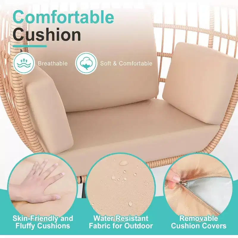 Egg Chair Oversized Lounger with UV-Resistant Cushions, All-Weather Wicker for Indoor/Outdoor, 370lbs Capacity, Beige