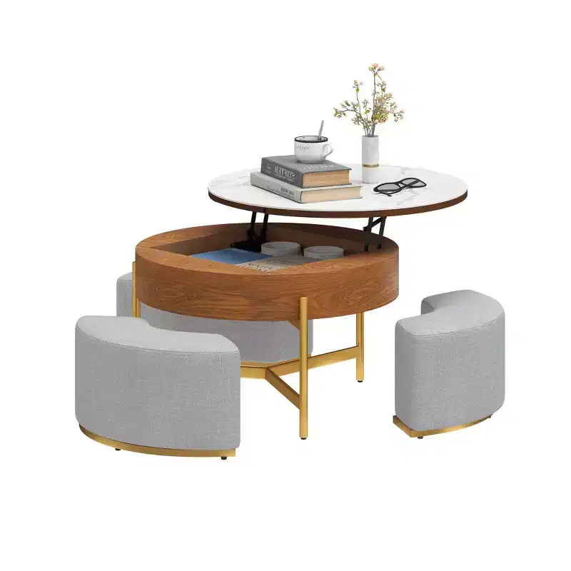 Round Lift Top Coffee Table With Storage Hidden Compartment with 3 Stools Modern Coffee Table With Stone Tabletop For Living Room