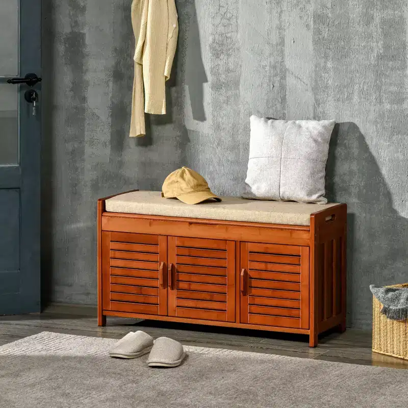 HOMCOM Shoe Bench with Storage Cabinets, Bamboo Entryway Bench with Seating Cushion, 3 Doors and Hidden Compartment for Hallway, Dark Cherry