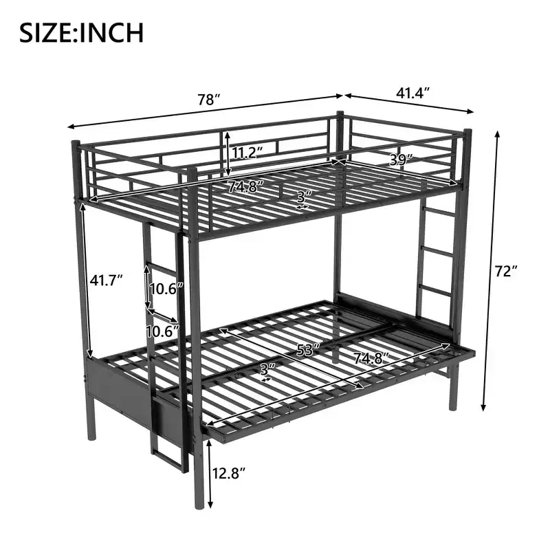 Twin over Full Metal Bunk Bed with Futon Sofa, Full-Length Guardrails & Integrated Ladder, Black