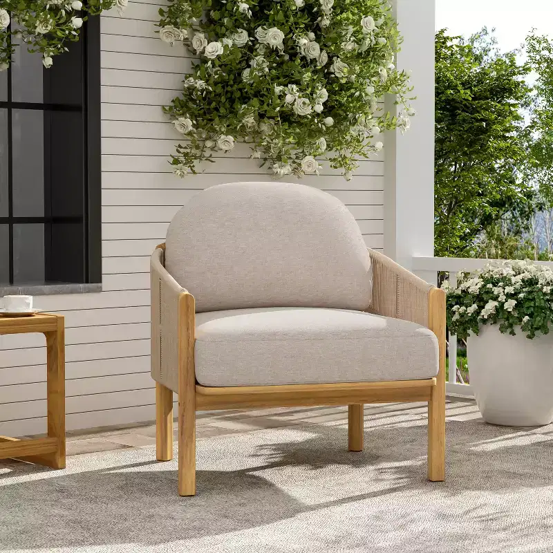 Christopher Knight Home Tatum Outdoor Acacia Wood Club Chair with Woven Rope Backrest and Cushions