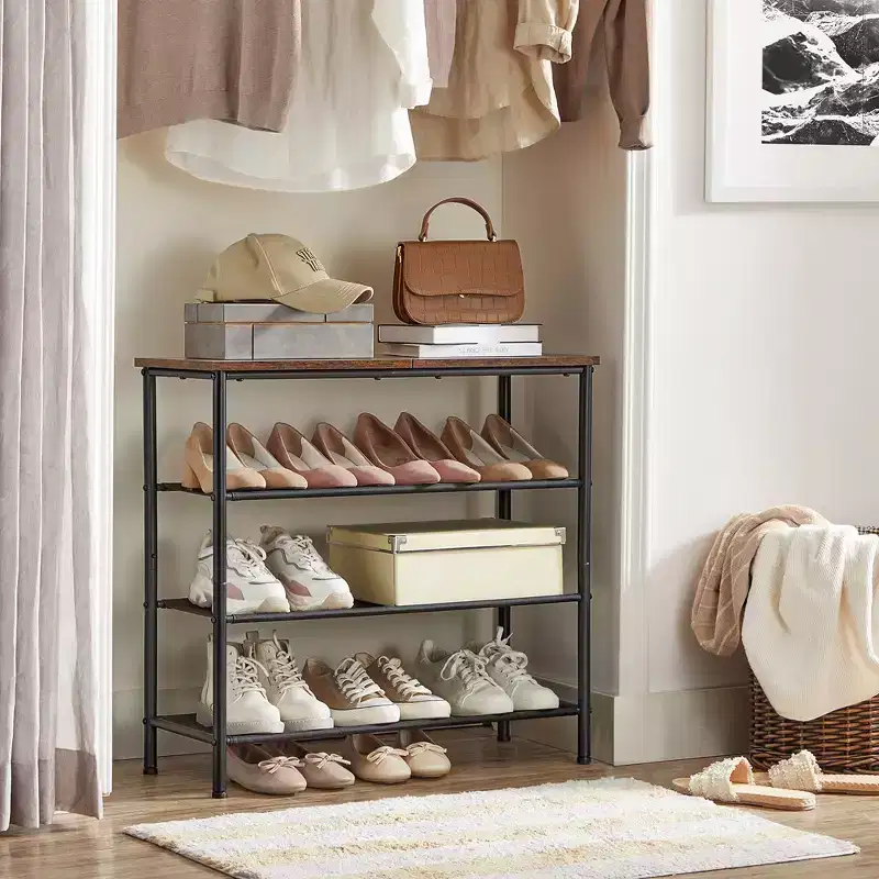 Shoe Rack, 4 Tier Shoe Storage Rack for 9-12 Pairs of Shoes, Shoe Organizer for Entryway, Rustic Brown and Black