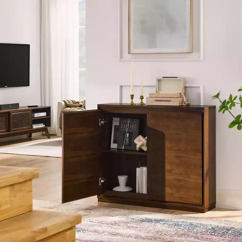 JVNOXK 39-inch Modern Mid-Century Style Sideboard with Two Outlet Holes, Suitable for Living Room or Kitchen, Featuring Storage Space, Walnut
