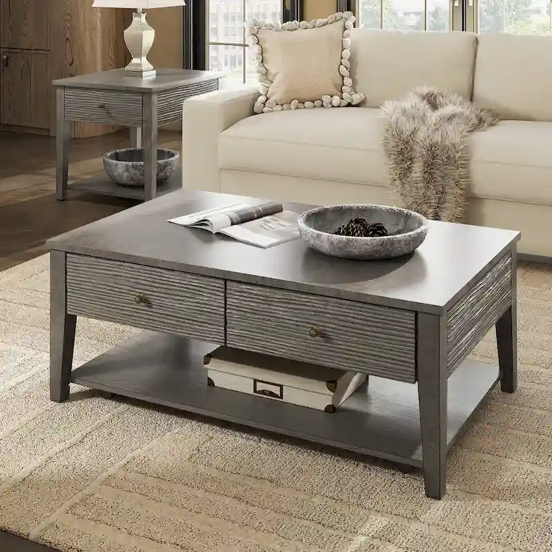 Antique Grey Fiber Cement Accent Table with Storage Shelf, Industrial Style, Living Room Side Table