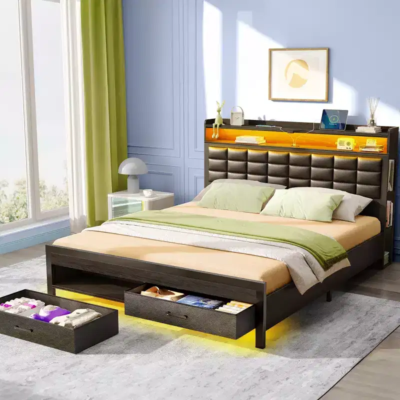 Black Upholstered Full Bed Frame, Dimmable LED Strip Lights, USB Charging Station, Storage Headboard & 2 Drawers, Heavy Duty, Easy Assembly
