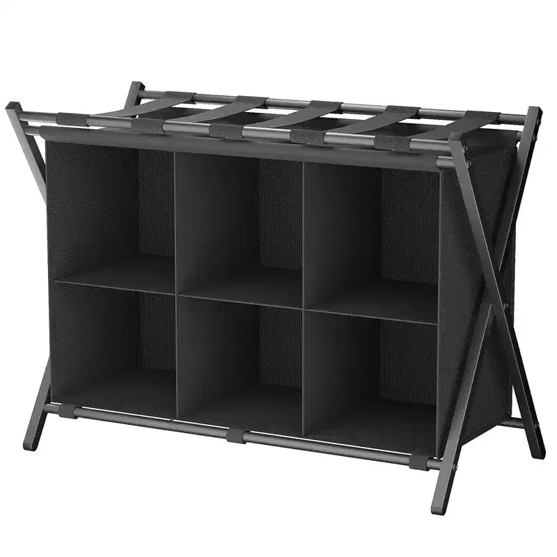 Narwey Luggage Rack for Guest Room, Folding Suitcase Stand with 6-Cube Fabric Storage Shelf, Luggage Holder, Steel Foldable Luggage Stand