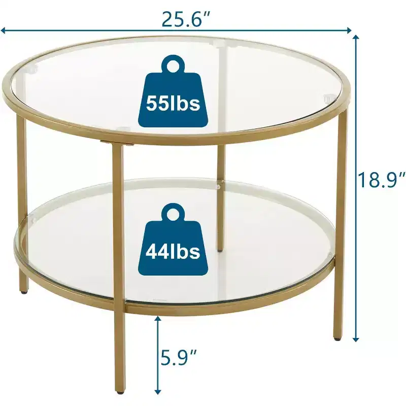 VINGLI 25.6 Round Champagne Gold Coffee Tables, 2-Tier Glass Coffee Table with Storage, Simple & Modern Center Table for Living Room