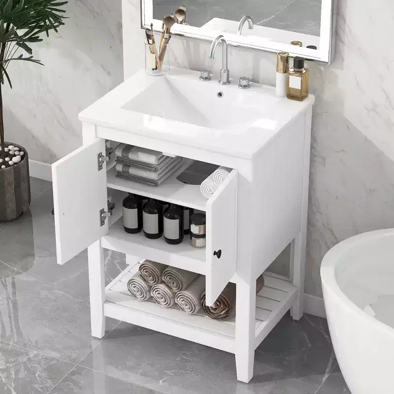 24 Small Bathroom Vanity Sink Combo with Storage , Wood Bathroom Floor Cabinet with Open Shelf