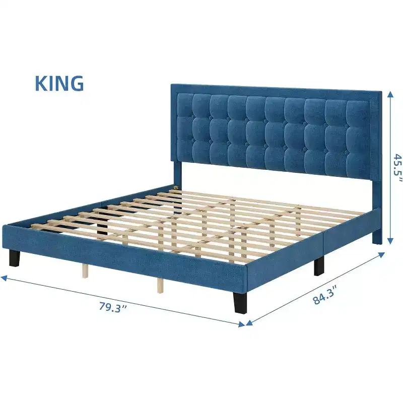 COZONY King Size Bed Frame with Upholstered Headboard, Wood Slat Support and Sturdy Metal Foundation for Bedroom