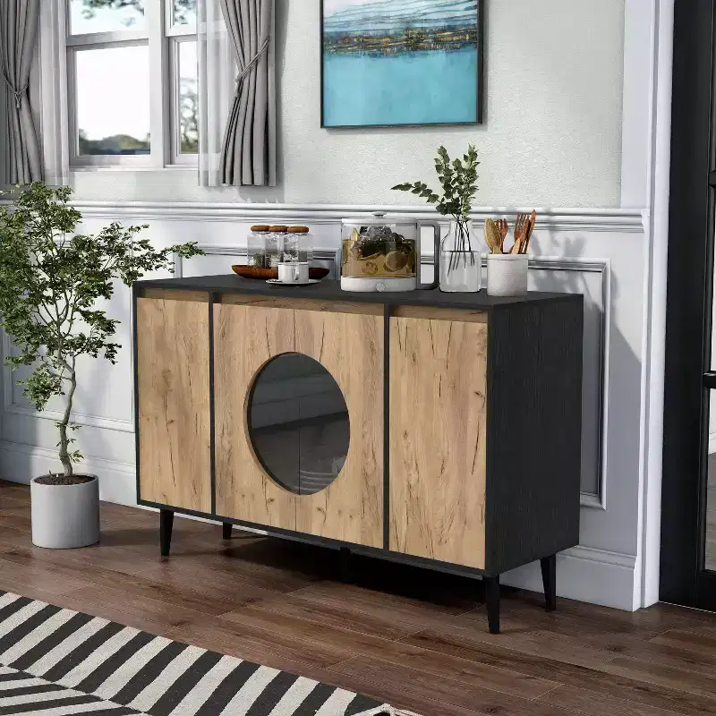 Mid-Century Modern Buffet Server | Light Oak & Black | 47