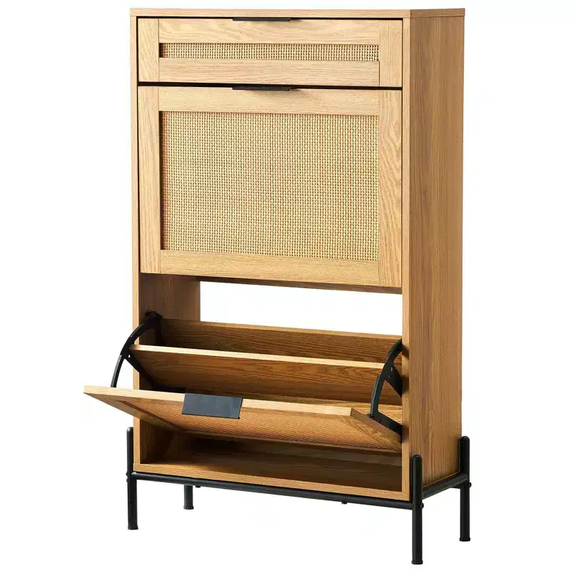 VIYET Slim Rattan Shoe Storage Cabinet,2 Flip Rattan &1 Slide Drawers,Metal Legs,Entryway/Hallway/Closet,Light Wood Color