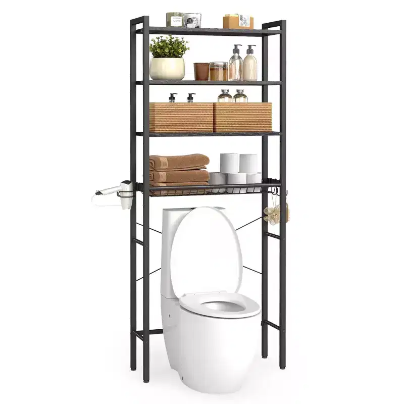 VASAGLE Over the Toilet Storage, Over Toilet Bathroom Organizer with Adjustable Shelves and Basket, Hair Dryer Holder, 3 Hooks