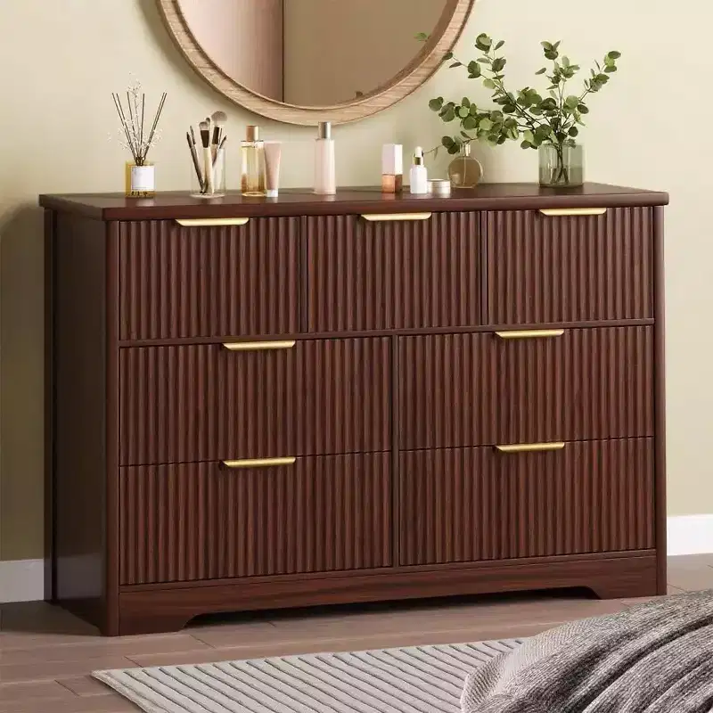 7 Drawer Dresser for Bedroom, 47W Wooden Chest of Drawers with Gold Handles, Fluted Storage Organizer & Media Console TV Stand for Bedroom