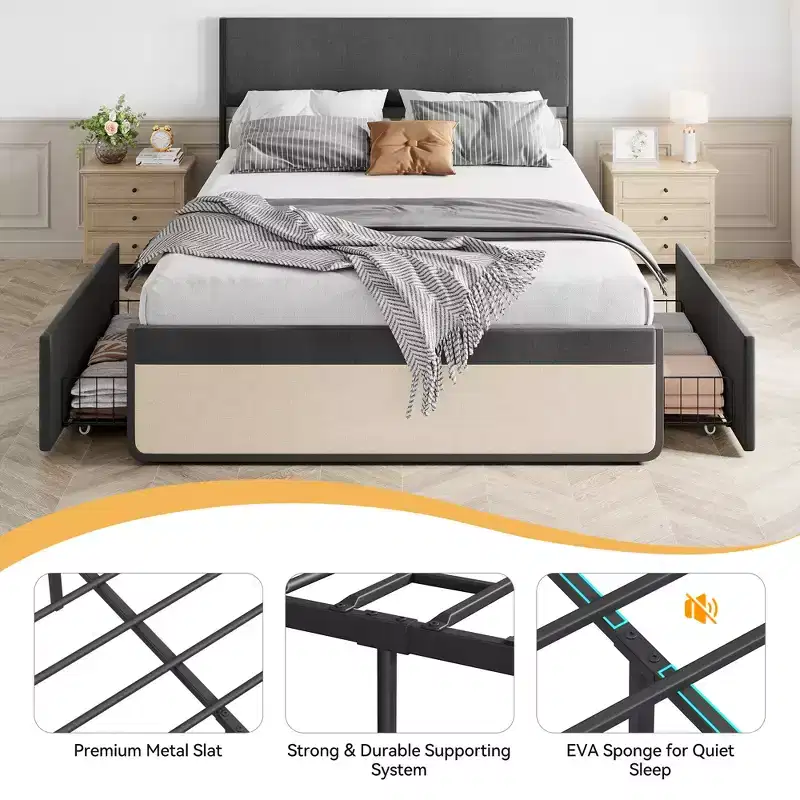 Upholstered Platform Bed Frame – Tufted Headboard & 2 Storage Drawers