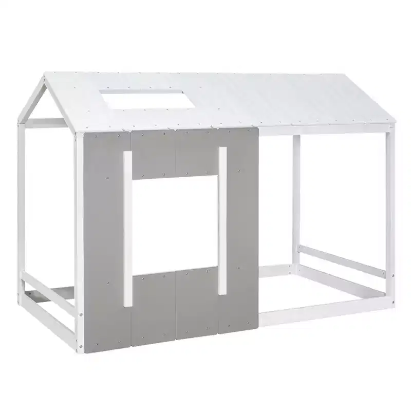 Bellemave Twin Size House Platform Bed with Roof and Window, Solid Wood Frame, Modern Playhouse Design, White and Antique Grey, Easy Assembly