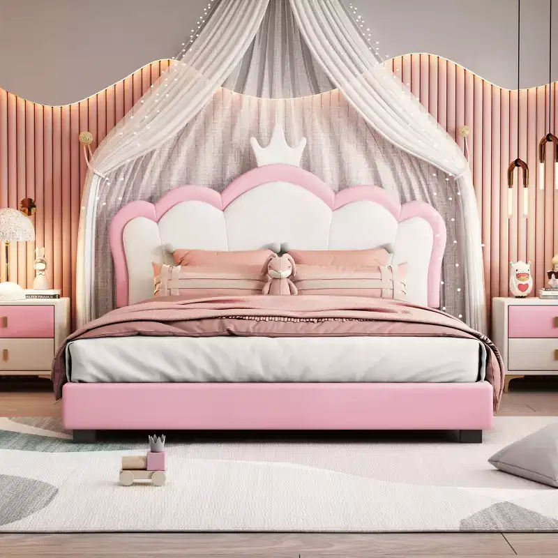 Full/ Twin Size Platform Bed, Upholstered Princess Bed Frame with Crown Headboard -ModernLuxe