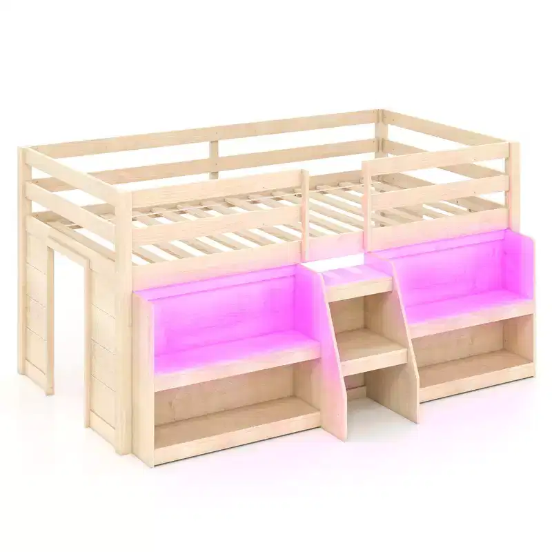 Costway Twin Size Loft Bed w/ LED Lights Staircase & Safety Guardrail Under-bed Storage