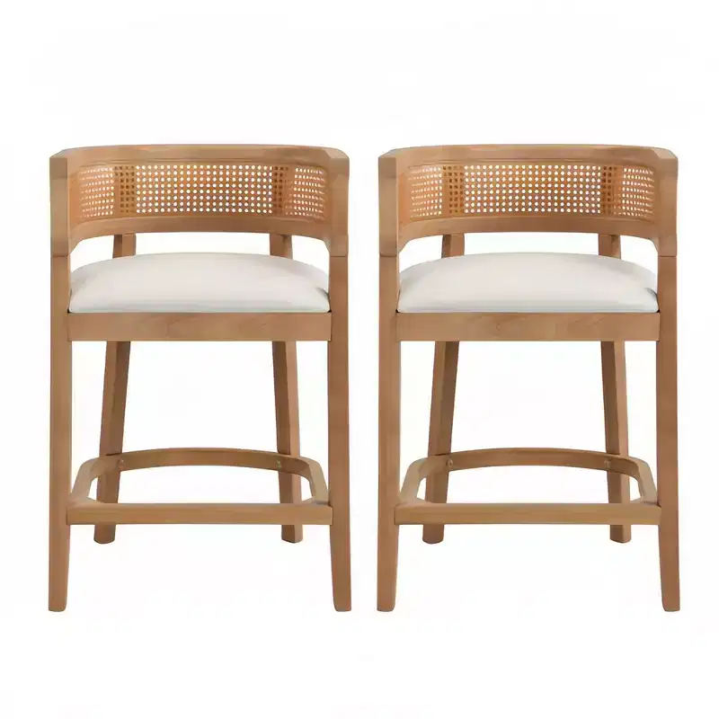 Christopher Knight Home Set of 2 Amir Contemporary Rubberwood Upholstered with Curved Rattan Back Counter Height Barstools Oak
