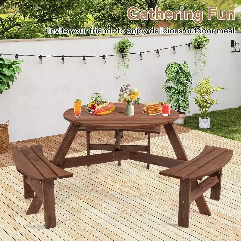Zevemomo 6-Person Wood Picnic Table, Round Tabletop with Umbrella Hole, 3 Built-in Curved Benches, 1720LBS Total Capacity for Balcony, Garden, Brown