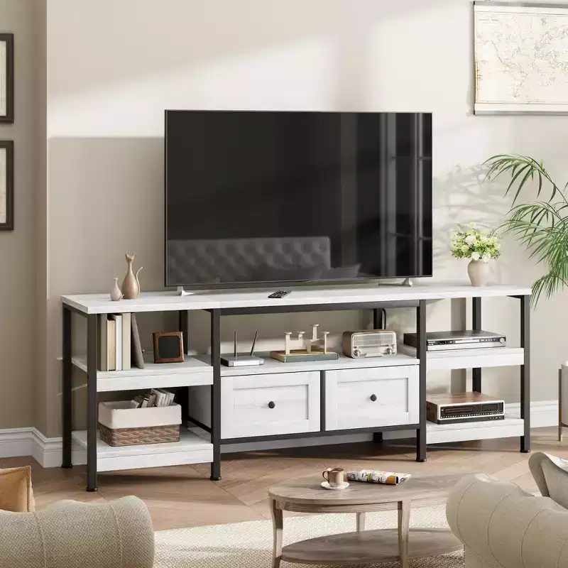 Rustic Industrial Media Console with 2 Drawers and Open Storage Shelves, Living RoomHome Theater RoomSuitable forOpen-Concept Living Space